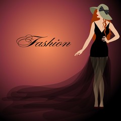 girl with red hair, black dress,  lips. Hat  bow.