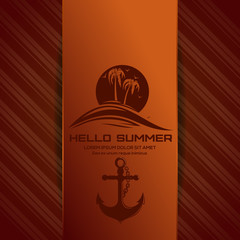 Hello summer lettering. Summer  logo icon with sun over the sea and anchor. Vector illustration