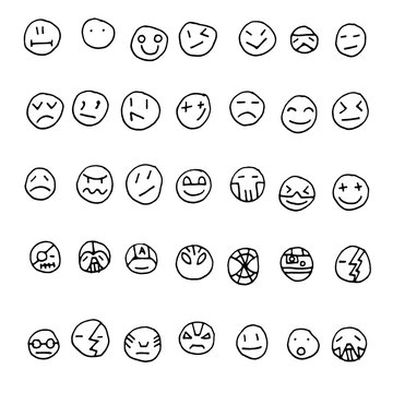Hand drawn emojis bundle in vector ink style. Icon set of smiles and emoticon symbols. Label design set with famous super hero in handcrafted style.