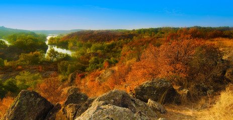 Rural autumn sunrise landscape with river and  colorful trees, seasonal background