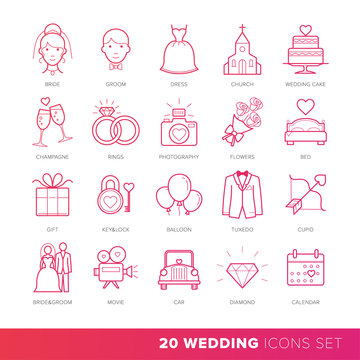 All Kinds of Wedding Marriage or Bridal Pictograms Set Vector. 
