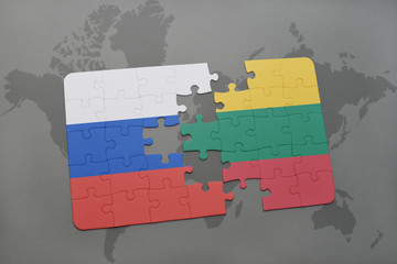 puzzle with the national flag of russia and lithuania on a world map background.