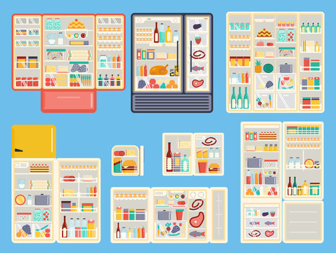 Illustration Of Open Refrigerator Products With Food,drinks And Kitchenware. Appliance Food Kitchen Fruit Freezer Open Refrigerator Products. Set Of Open Refrigerator Products Full Container Vector.