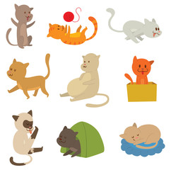 Cats collection vector silhouette. Cute domestic cats different animals. Different cats young adorable tail symbol playful paw. Cartoon funny standing drawing domestic pussy characters set.