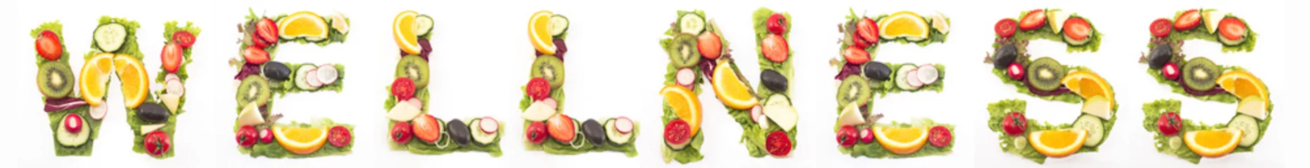 Crédence de cuisine en verre imprimé Légumes frais Word Wellness Made of Salad and Fruits