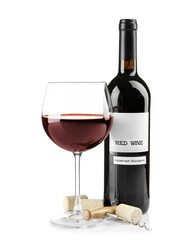Red wine with corks, isolated on white