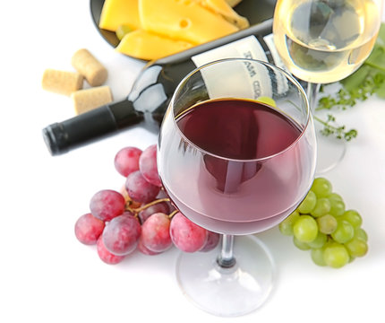 Red Wine With Grapes And Cheese, Isolated On White