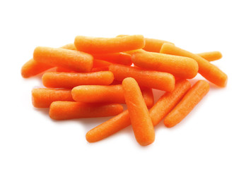 Heap of fresh baby carrots on white background
