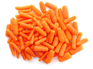 Heap of fresh baby carrots on white background