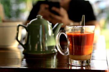 Thai Hot Milk Tea, Cha-Ron  is a drink made from strongly brewed back tea, this Thai style hot-milk-tea served hot and filled sweetened condensed milk.

