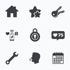 Home key icon. Wrench service tool symbol.