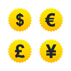 Dollar, Euro, Pound and Yen currency icons.