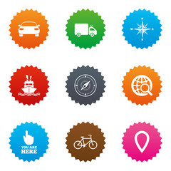 Navigation, gps icons. Windrose, compass signs.