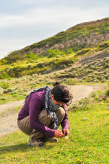 Photographer down taking photo of a flower