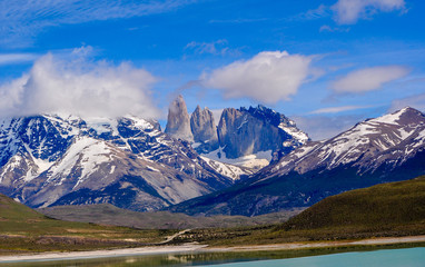 Landscape of lakes and mountains in Torre del Paine