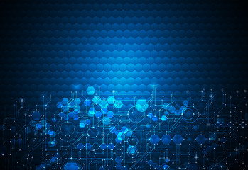 Vector illustration circuit board on hexagons background. Hi-tech digital technology and engineering, digital telecoms technology concept. Vector abstract futuristic on dark blue color background