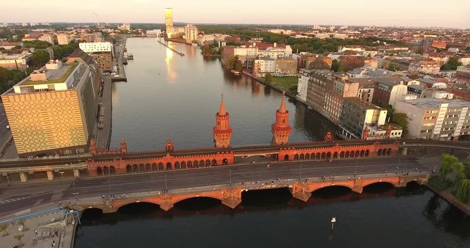Oberbaum Bridge in Berlin at evening aerial view june 2016
