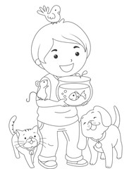 Kid Boy Pets Coloring Page