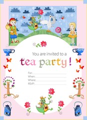 Tea party invitation for kids. Cute illustration of fairy land. Vector template. 