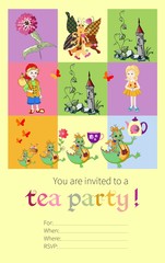 Tea party invitation for kids with fairy dragons, butterfly, tower, flower, boy and girl. Cute vector template. 