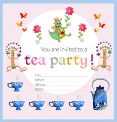 Tea party invitation for kids. Card with happy dragon, flowers and butterflies, teapot and cups. Teatime. Vector template.