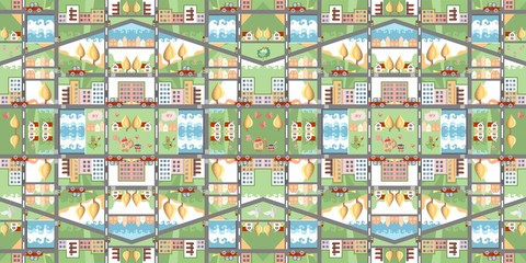 Cartoon map. Seamless pattern of summer city. Cute childish vector illustration. Can be used for floor carpeting, wallpapers, bed linen fabric.