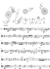 Hand drawn flowers and musical notes. Black and white vector illustration.