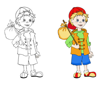 Coloring book with little traveler. Cartoon vector illustration for children education.
