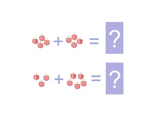 Cartoon illustration of mathematical addition and subtraction. Examples with apples. Educational game for children.