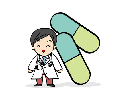 The Smiley Doctor Cartoon character with green capsule medicine