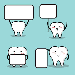 Vector of Cute cartoon tooth holding blank white board with space for text.