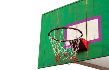 Basketball hoop isolated white background. Hoops basketball ball down the old stadium.
