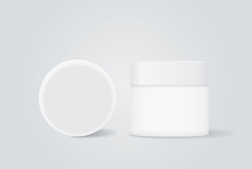 Opaque cream jar with white cap for beauty product mock up design in front view and top view.