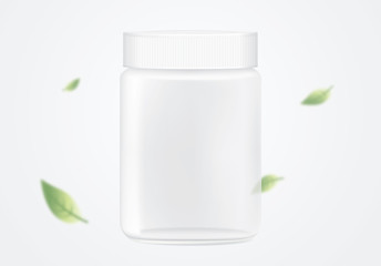 Glass jar empty transparent on blue background have falling leaves blowing in the wind.