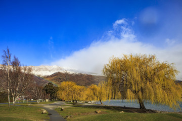 beautiful public park and little rainbow on mountain in wanaka t