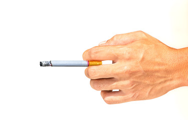 Cigarette in hand isolated on white background
