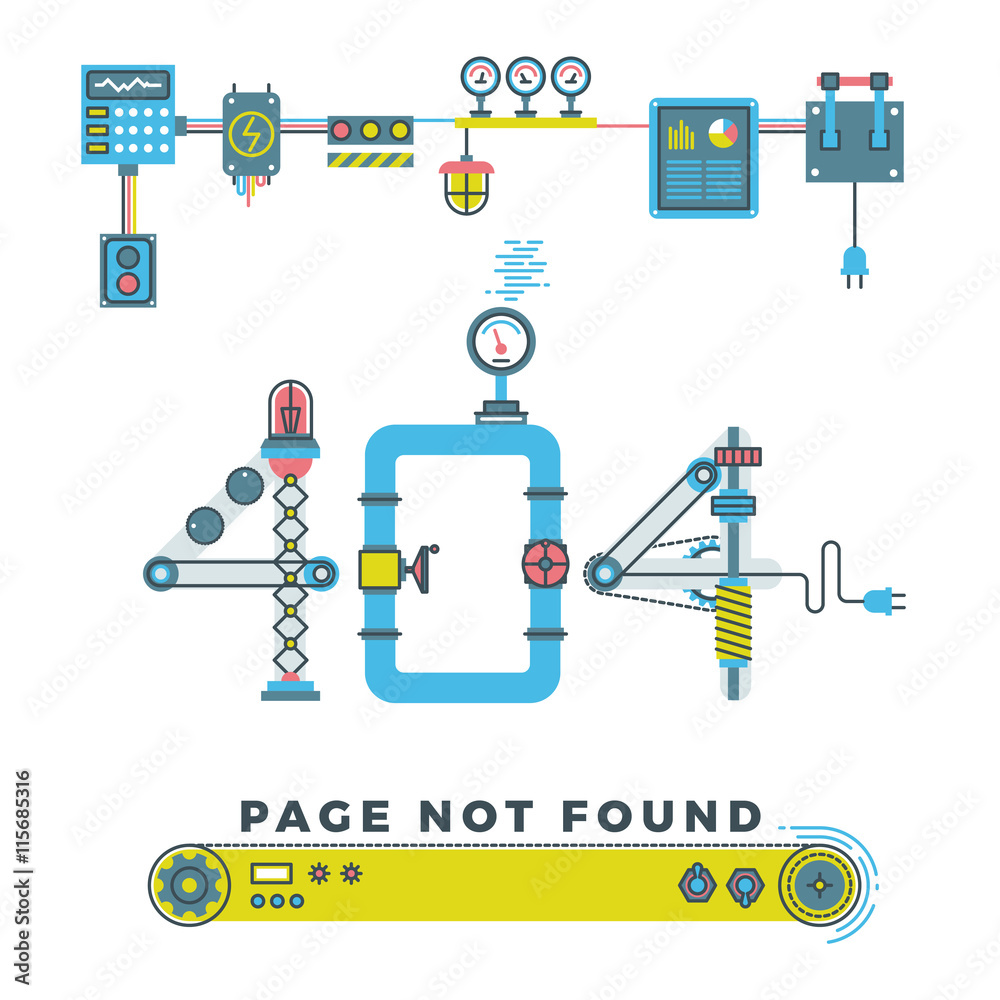 Poster page not found error 404 vector concept with robots and machinery. web page error, illustration mech