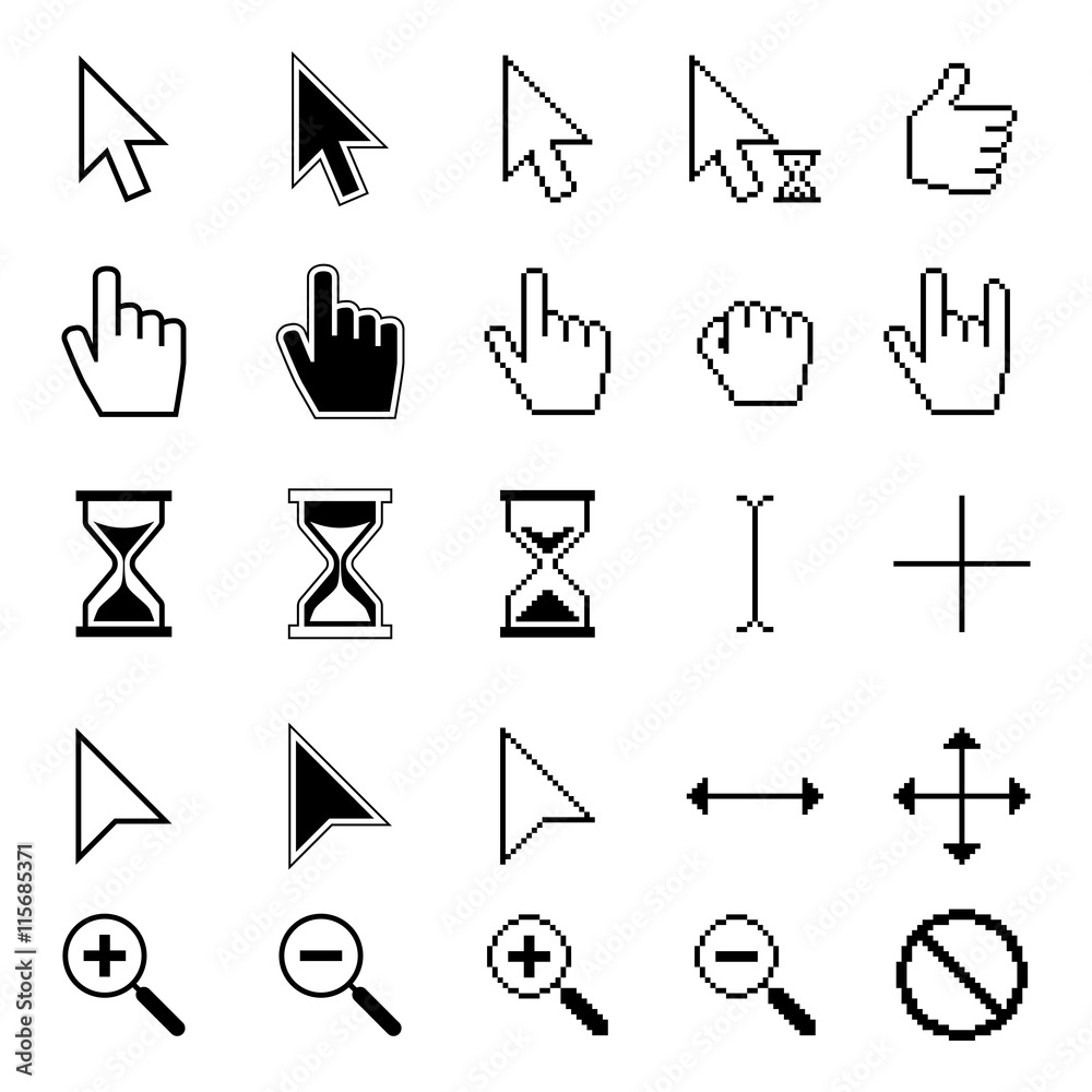 Poster different smooth and pixel mouse cursors vector set. pixel cursor mouse, illustration arrow cursor