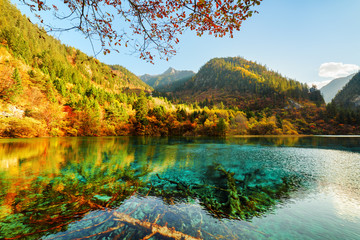 Fantastic view of the Five Flower Lake among beautiful mountains