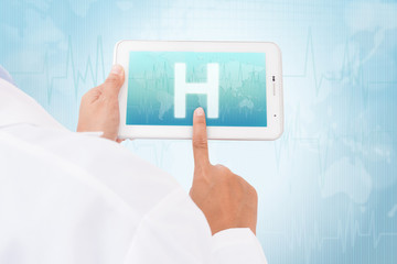 Doctor hand touch screen Hospital symbol on a tablet. medical icon