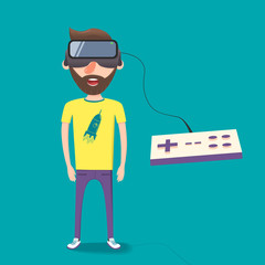 Man with glasses of virtual reality. Flat vector illustration