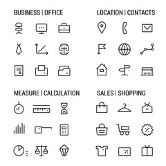 Icons sets: business and office, location and contacts, measure and calculation, sales and shopping. Linear, black.