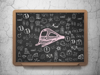 Vacation concept: Train on School board background