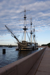 Sailboat on Petrovsky quay in the center of St. Petersburg