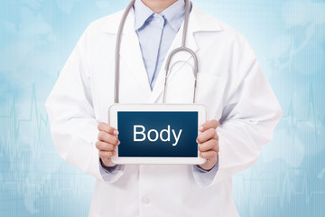 Doctor holding a tablet pc with body sign on blue background