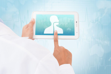 Doctor hand touch screen Esophagus symbol on a tablet. medical icon
