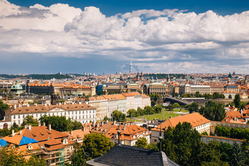 Naklejka na ściany i meble Prague, Czech Republic - 04 July 2016. The summer photo from above of Praha, Chezh Republic capital like a point of travel destination.