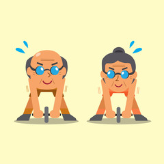Cartoon senior man and woman doing ab wheel rollout exercise