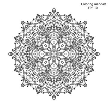 Coloring book for adult and older children. page with mandala made of decorative vintage flowers Outline hand drawn
