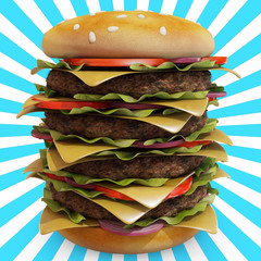 hambuger close up white and blue background, 3d rendering